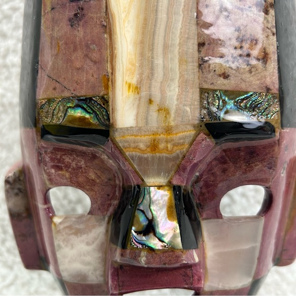 Aztec Mayan Mosaic muave black abalone burial death mask decor on stand 8.5" - Picture 3 of 15